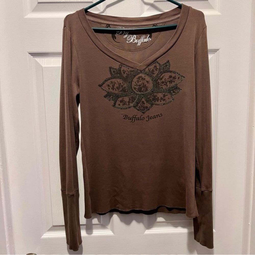 3/25$💥 Y2K Buffalo Jeans top shirt long sleeve  Women Medium Brown v neck
